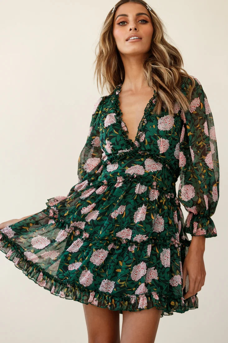 Laney Cutout Back Ruffle Trim Dress Floral Print Green