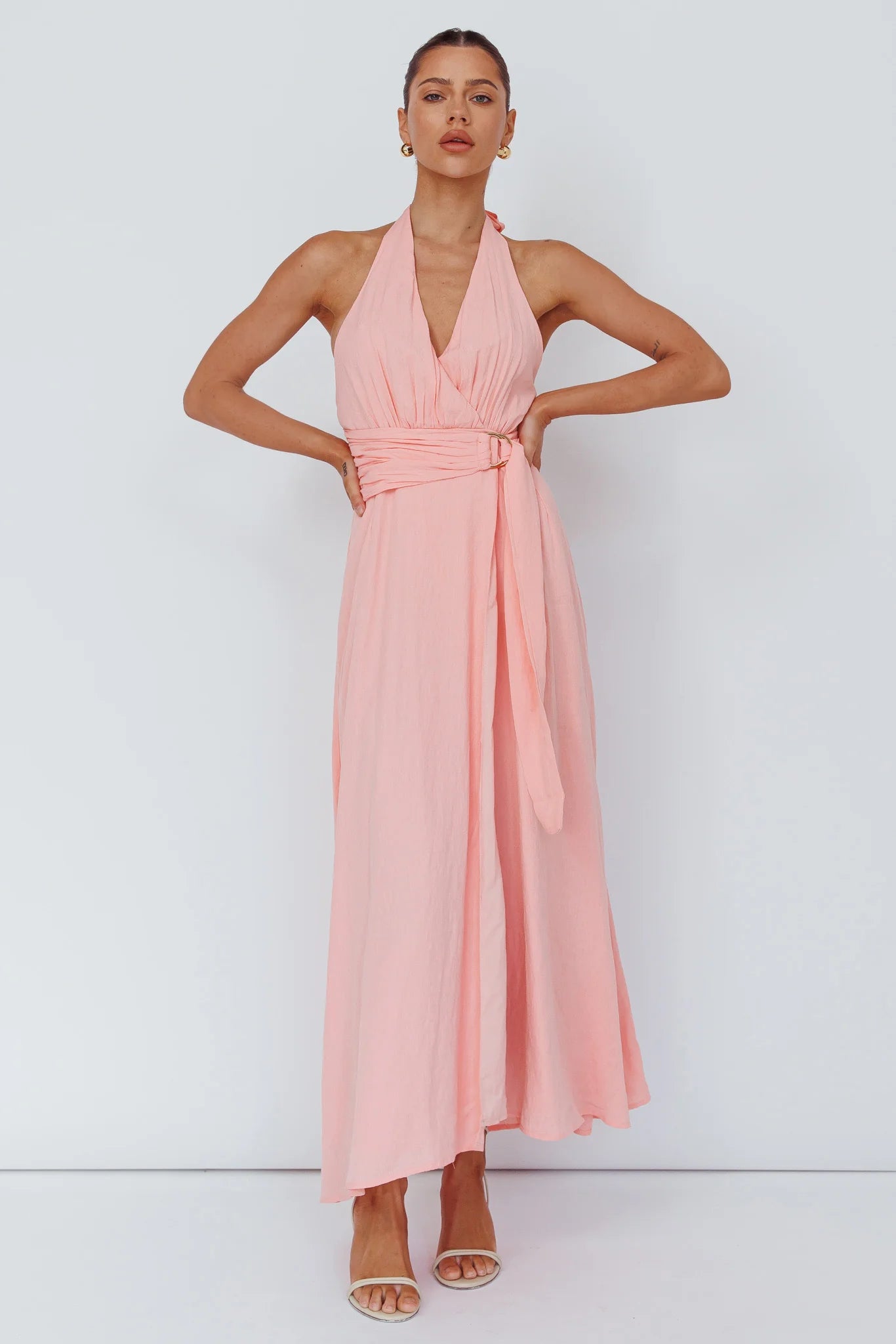 Spring Feels Halterneck Belt Maxi Dress Peach
