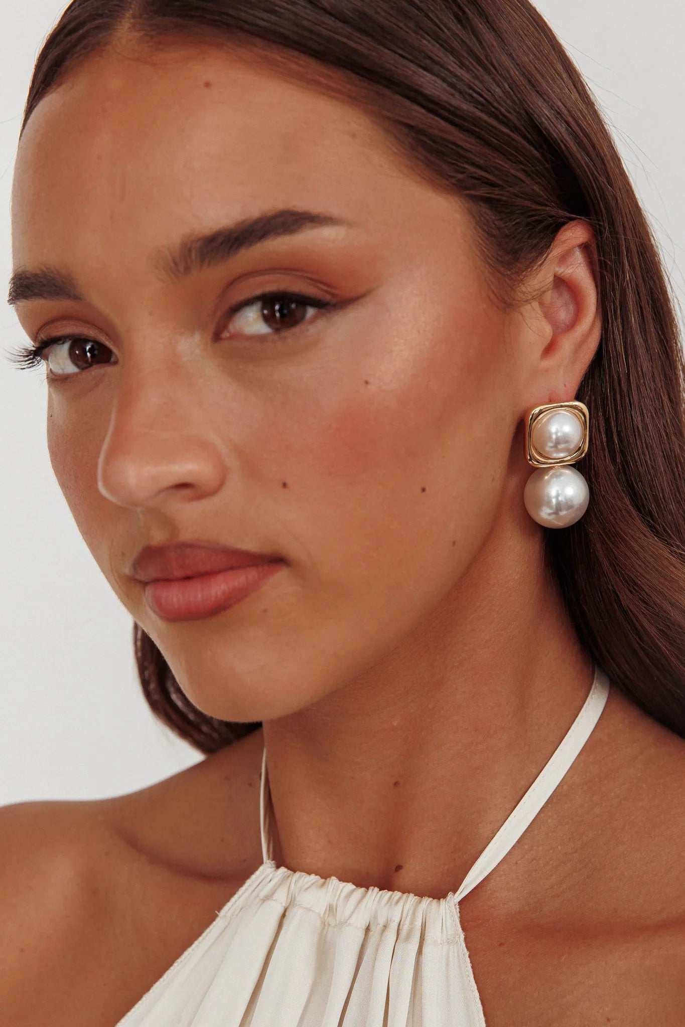 Clara Square Pearl Drop Earrings Gold Pearl