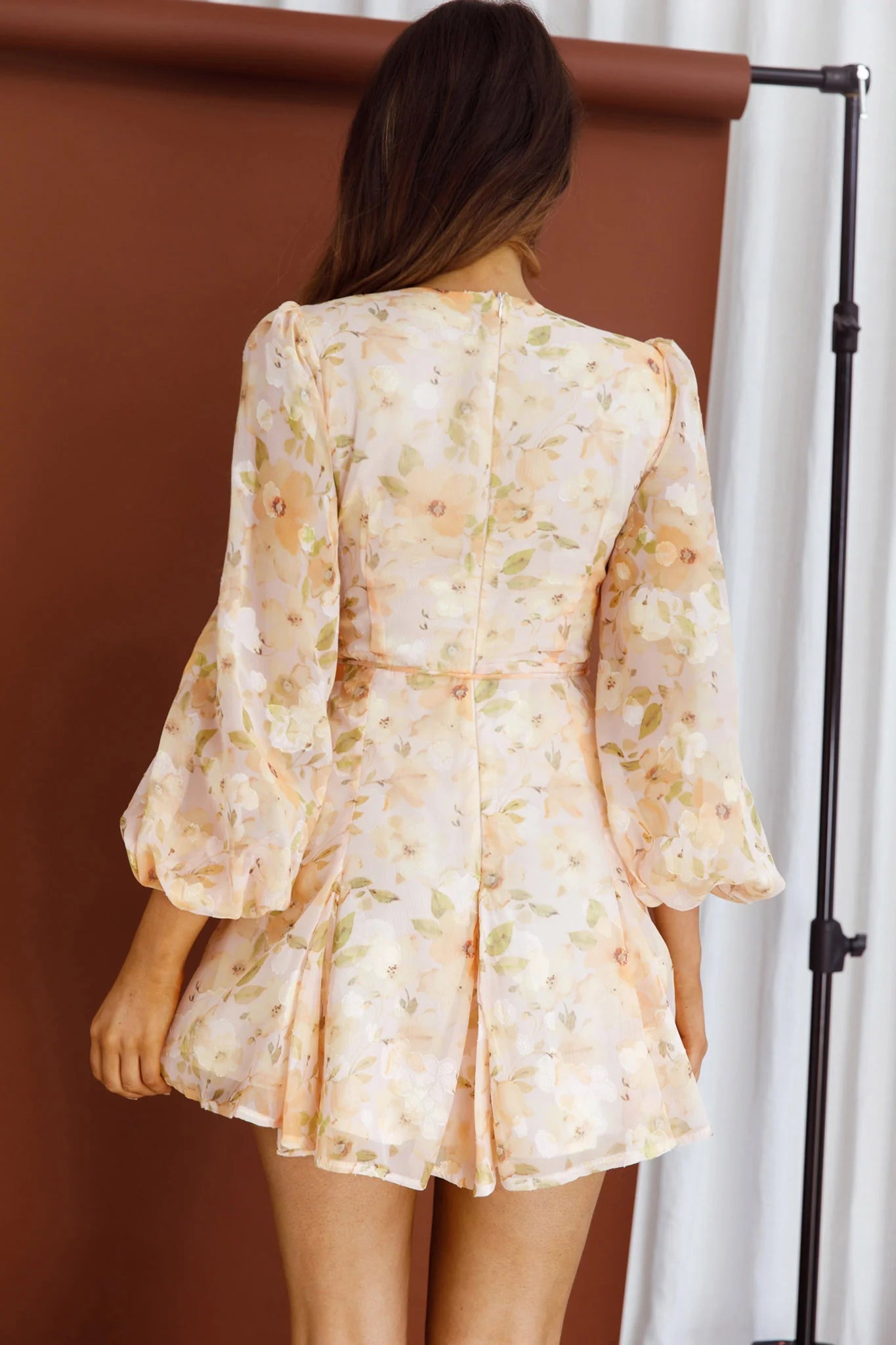 Estelle Long Sleeve V-Neckline Dress Watercolor Floral Print Peach