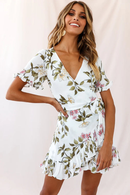 Omara Floral Wrap Ruffle Trim Dress White