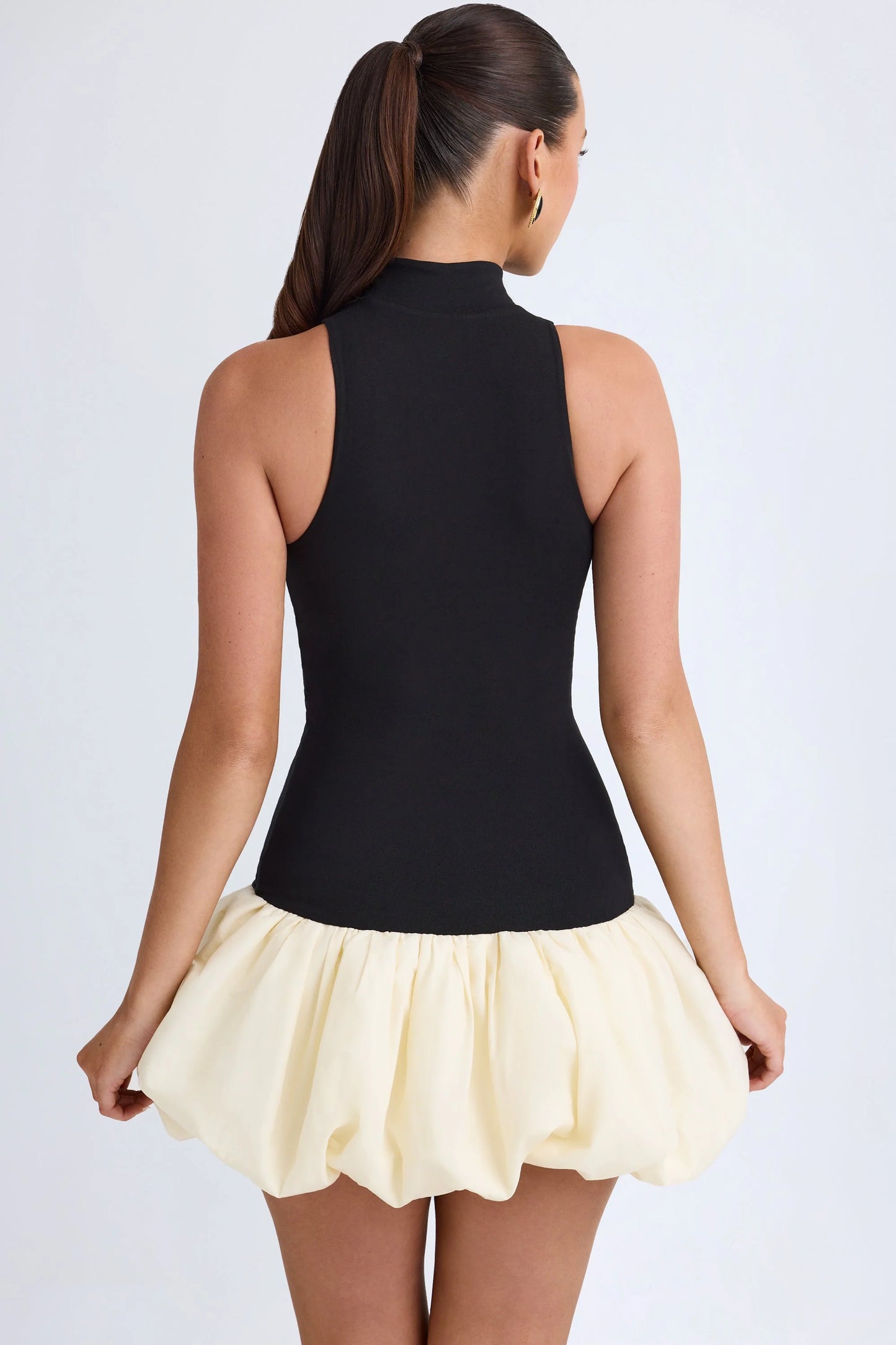 Modal Turtleneck Drop-Waist Bubble Hem Mini Dress in Black