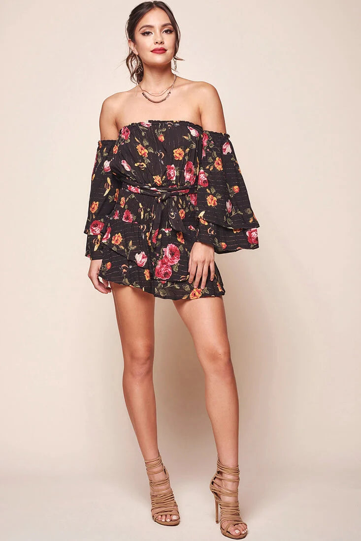 Emory Off the Shoulder Bell Sleeve Romper Black