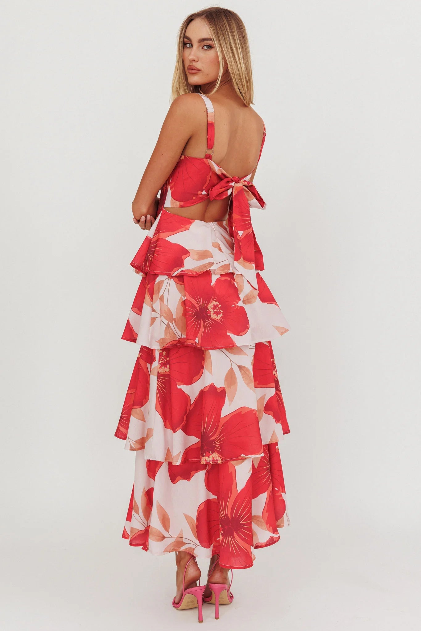 Provence Bloom Tiered Ruffle Floral Maxi Dress Blush