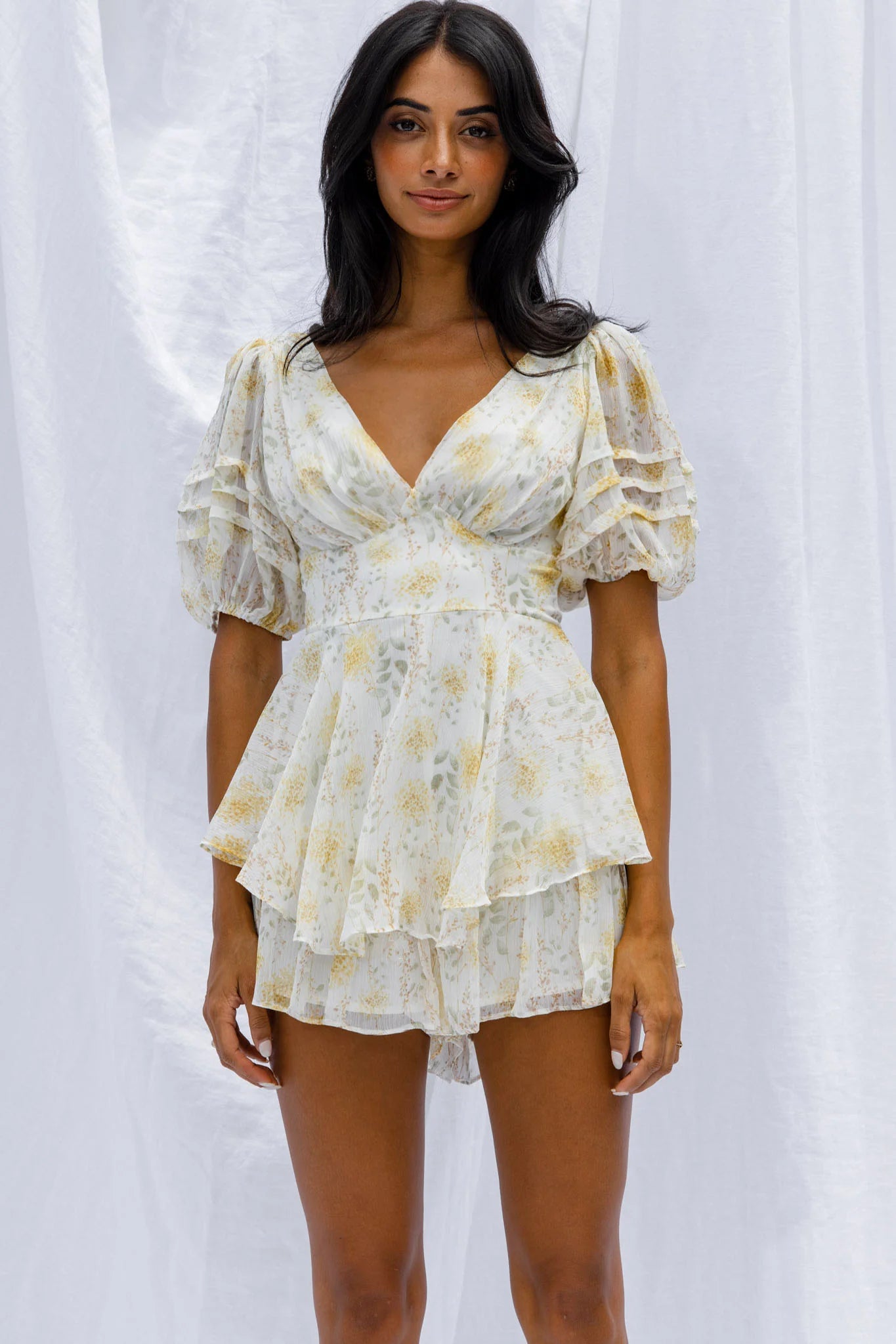 Sun Drops Puff Sleeve Keyhole Back Romper Floral Print Mint