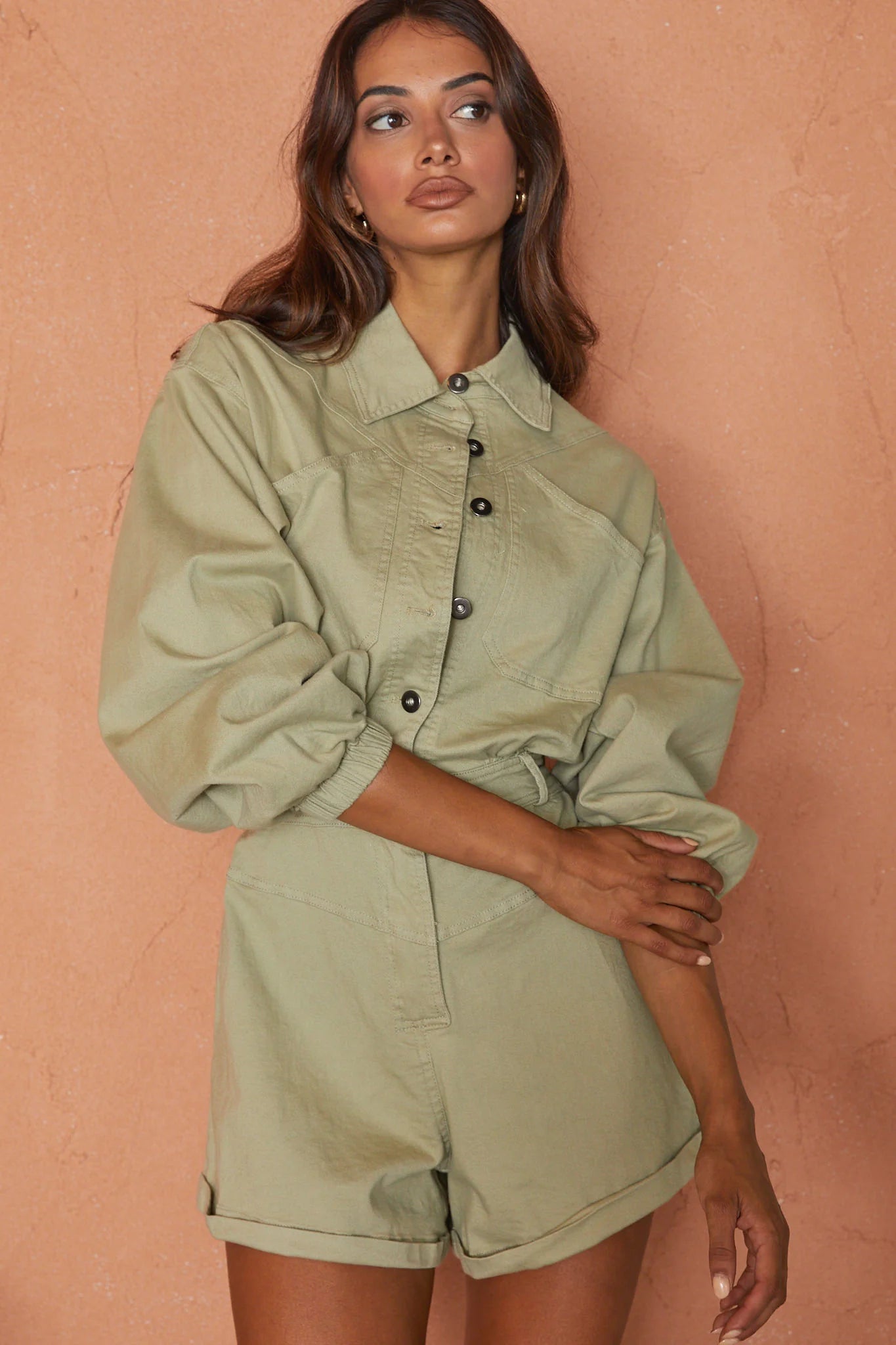 New Day Long Sleeve Button-Up Romper Sage