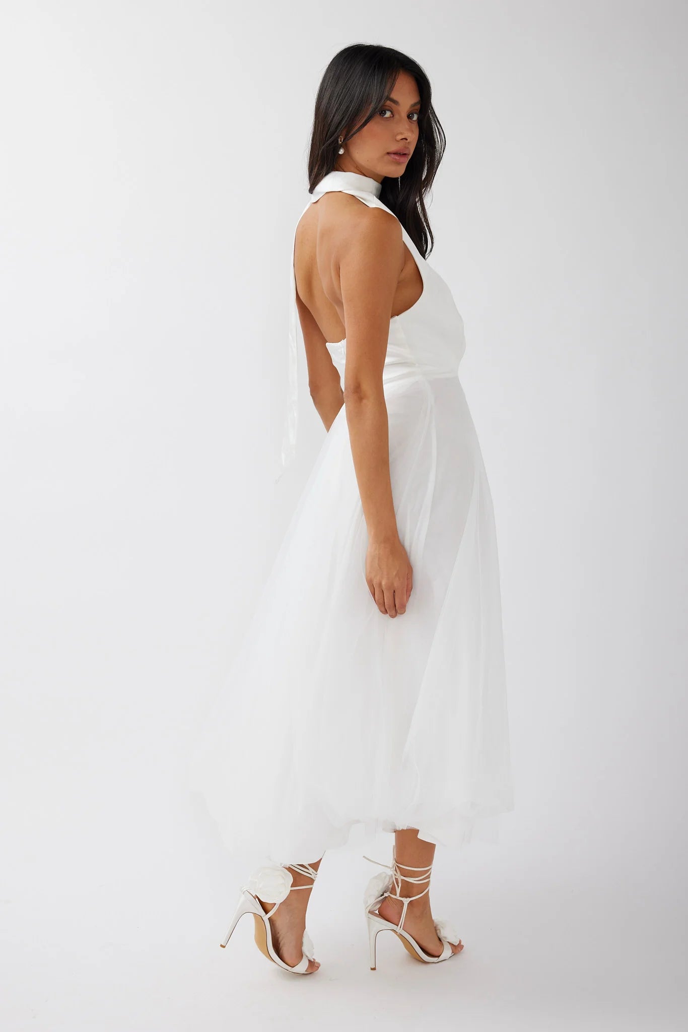 Darci Plunging Neckline Tulle Midi Dress White