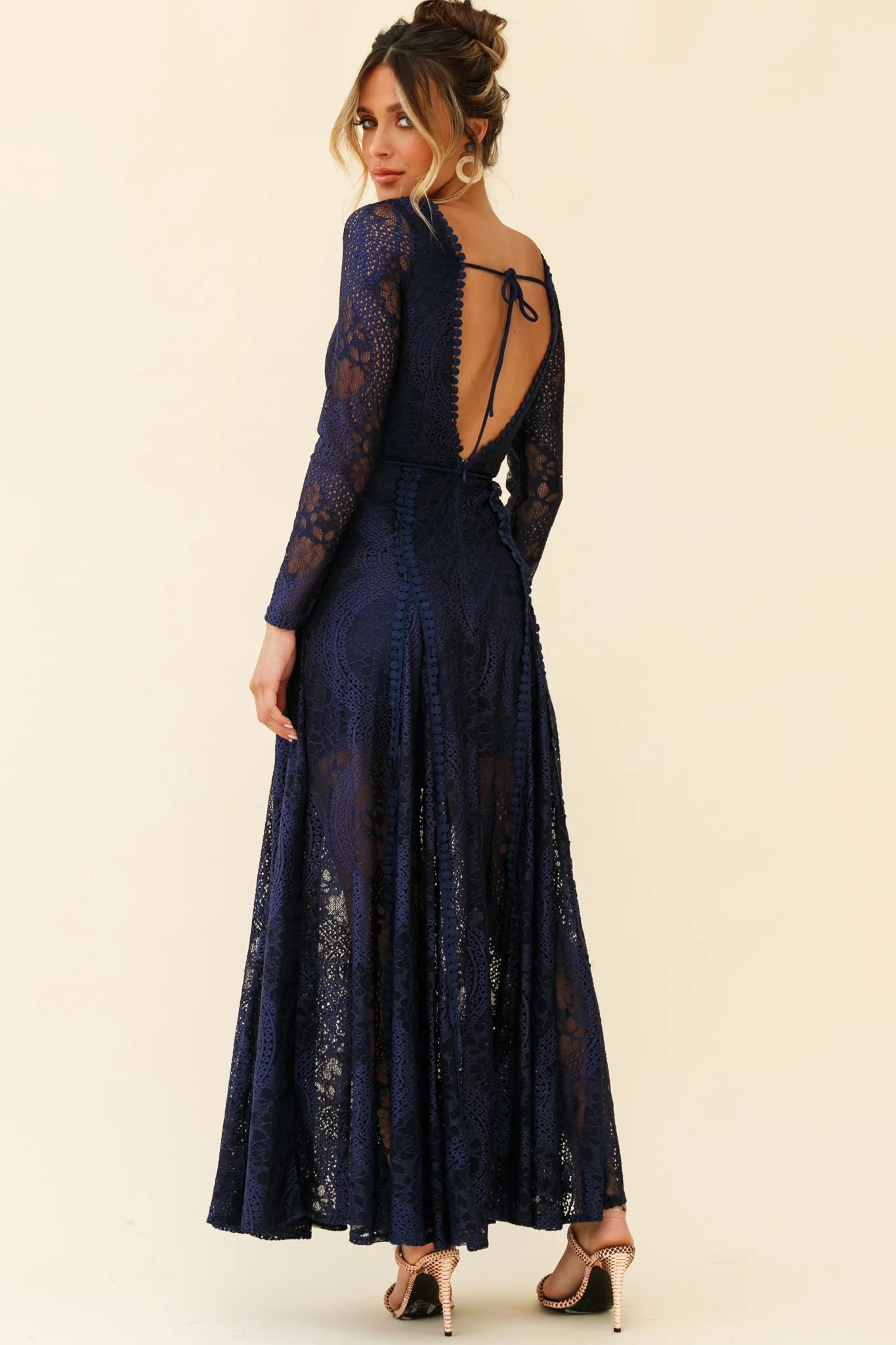 Palm Springs Long Sleeve Lace Overlay Maxi Dress Navy