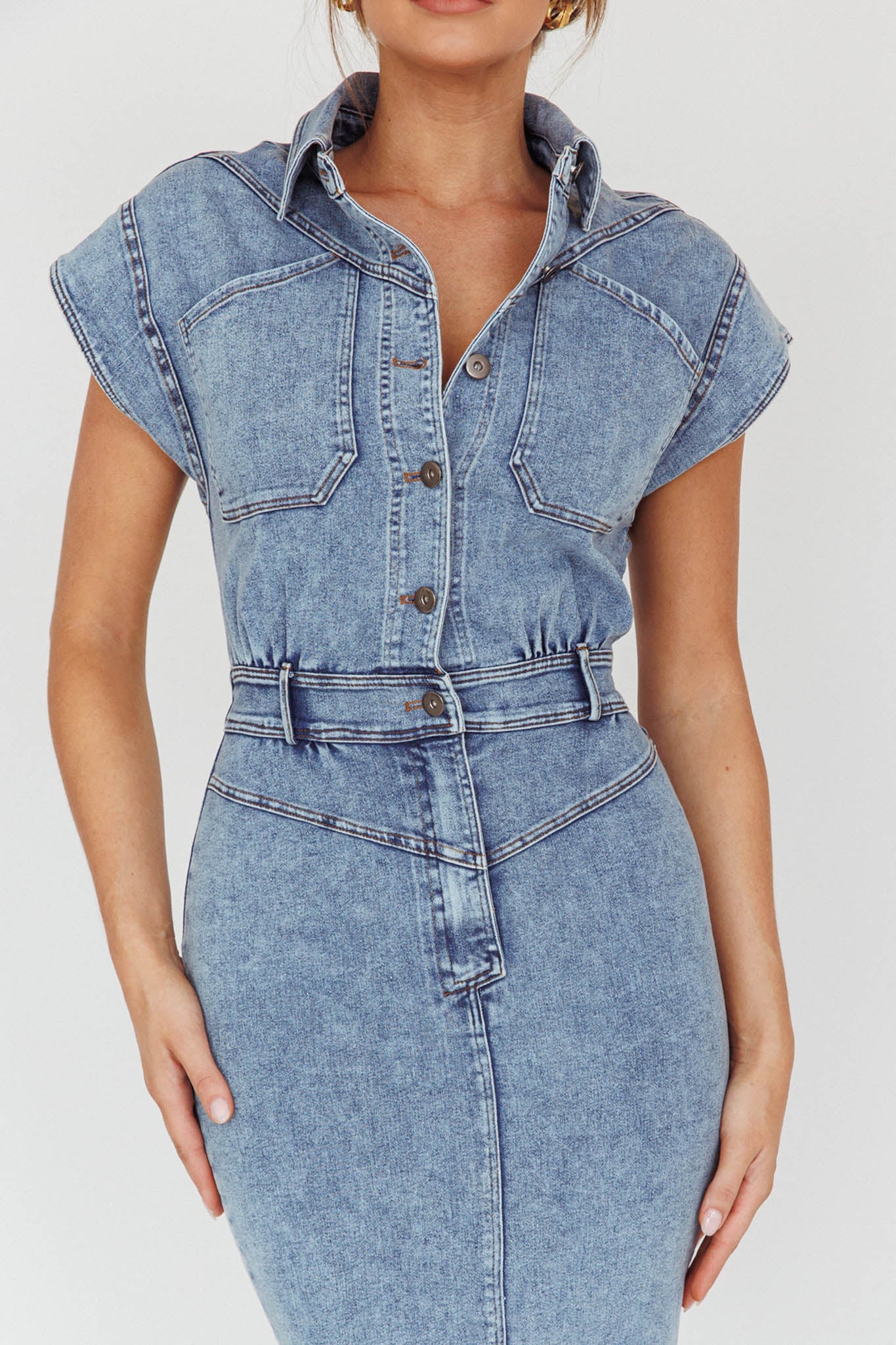 New Day Short Sleeve Button-Up Midi Dress Denim