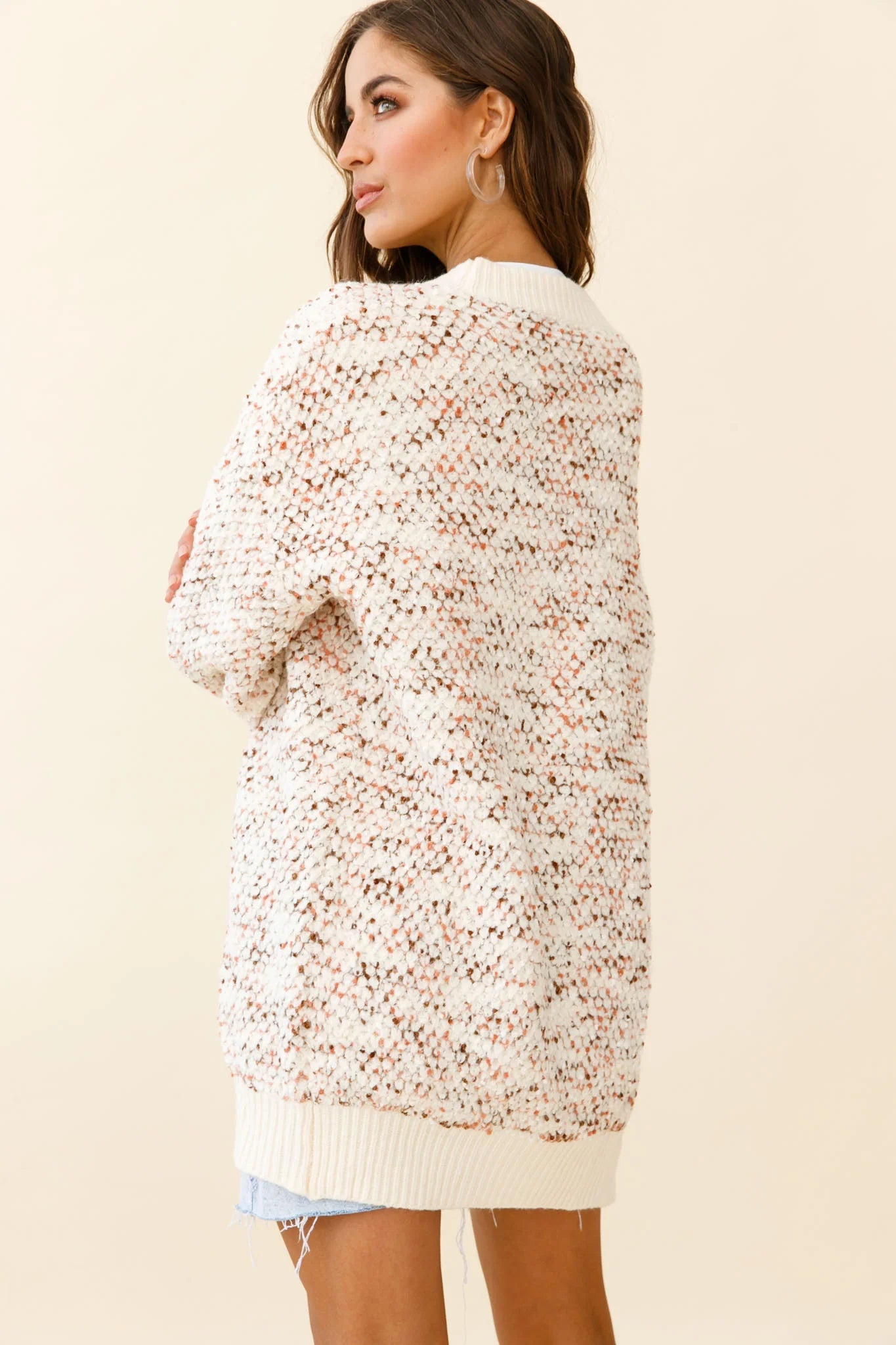Elsey Lantern Sleeve Long Cardigan Textured Cream