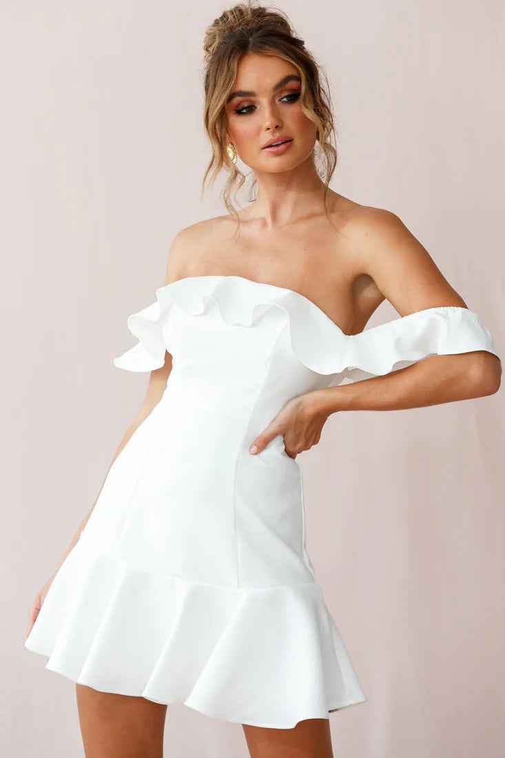Ondine Bardot Neckline Fluted Hem Dress White