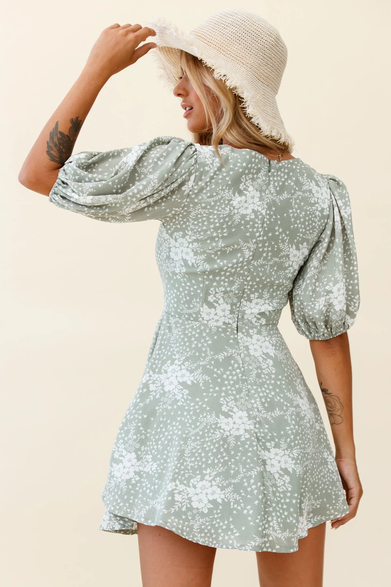 Portia Tied Bust Puff Sleeve Dress Flower Pattern Sage