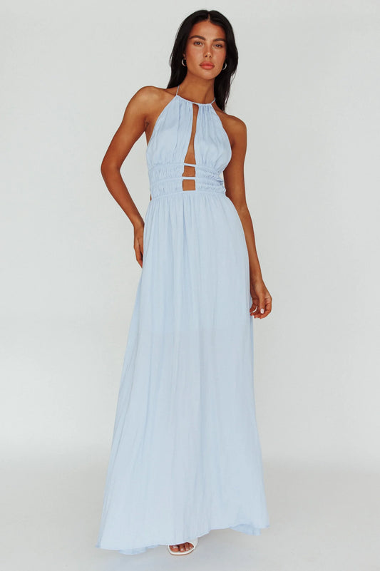 Cyndi Open Back Halterneck Maxi Dress Blue
