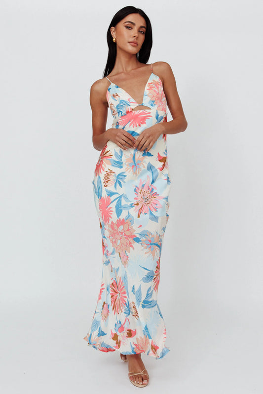 Dance Again Cut-Out Back Maxi Dress Floral Blue