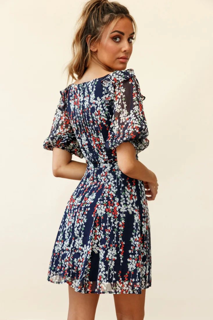 Cherub Puff Sleeve Sweetheart Neckline Dress Floral Print Navy