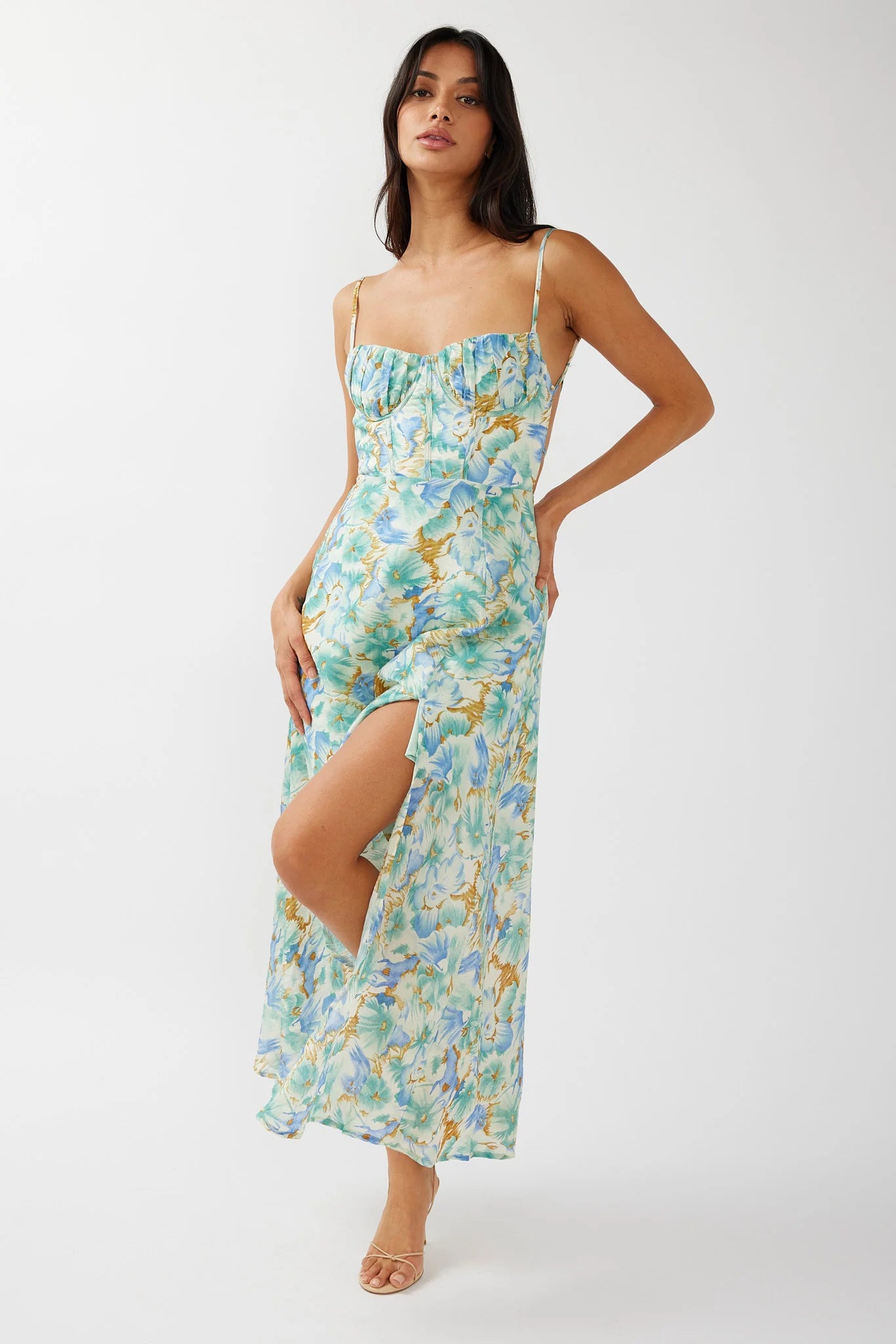 Echoes Tied Back A-Line Midi Dress Floral Green