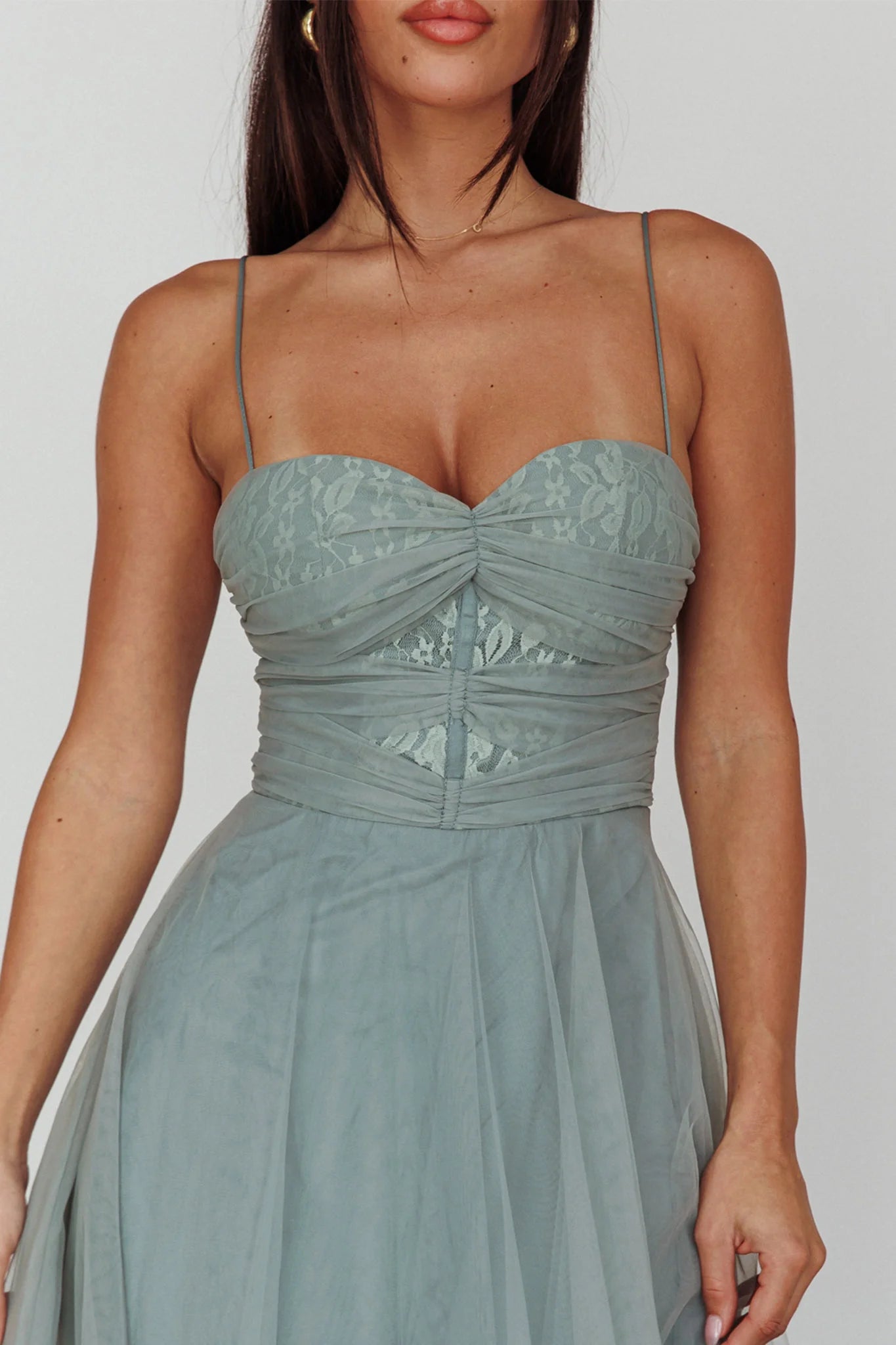 Smitten Lace Insert Tulle Midi Dress Sage