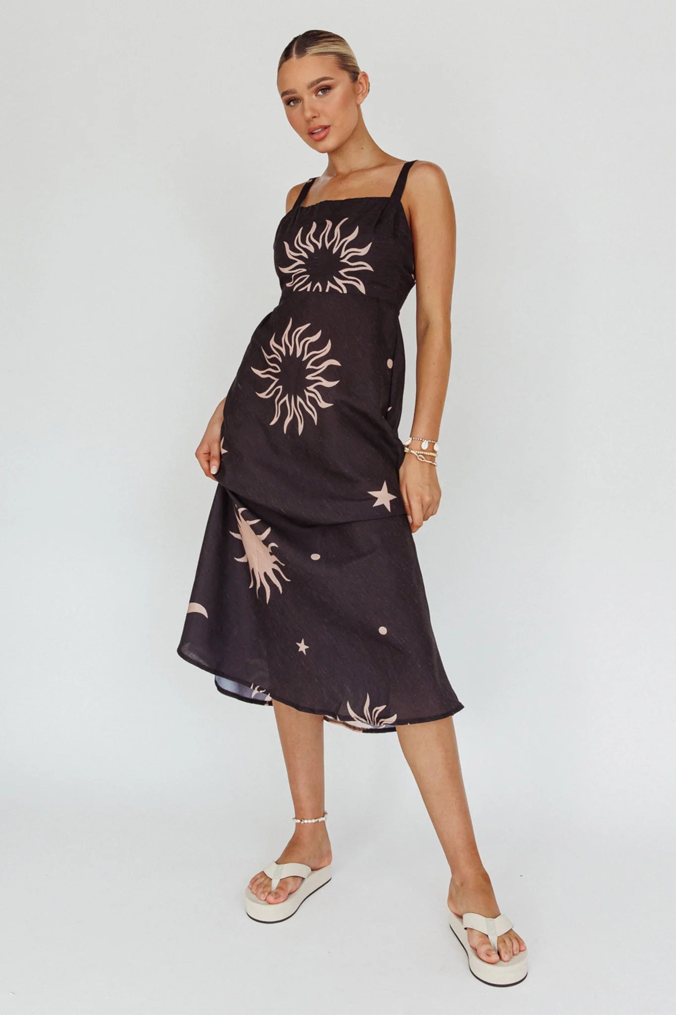 Coucou Square Neckline Midi Dress Celestial Print
