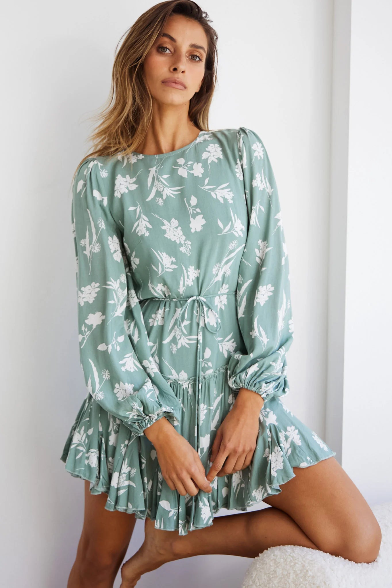 Rosabel Balloon Sleeve Fluted Hem Dress Botanic Print Sage