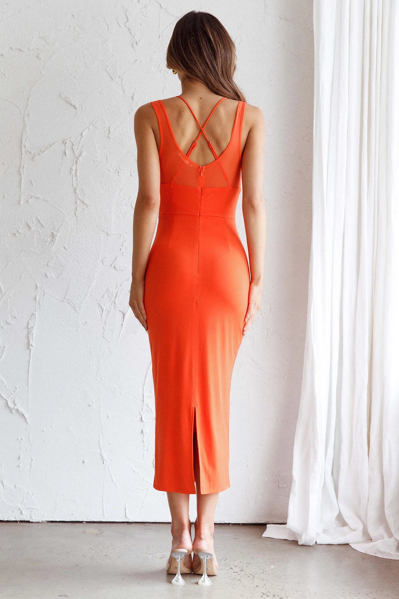 Charice Mesh Bodice Overlay Midi Dress Orange