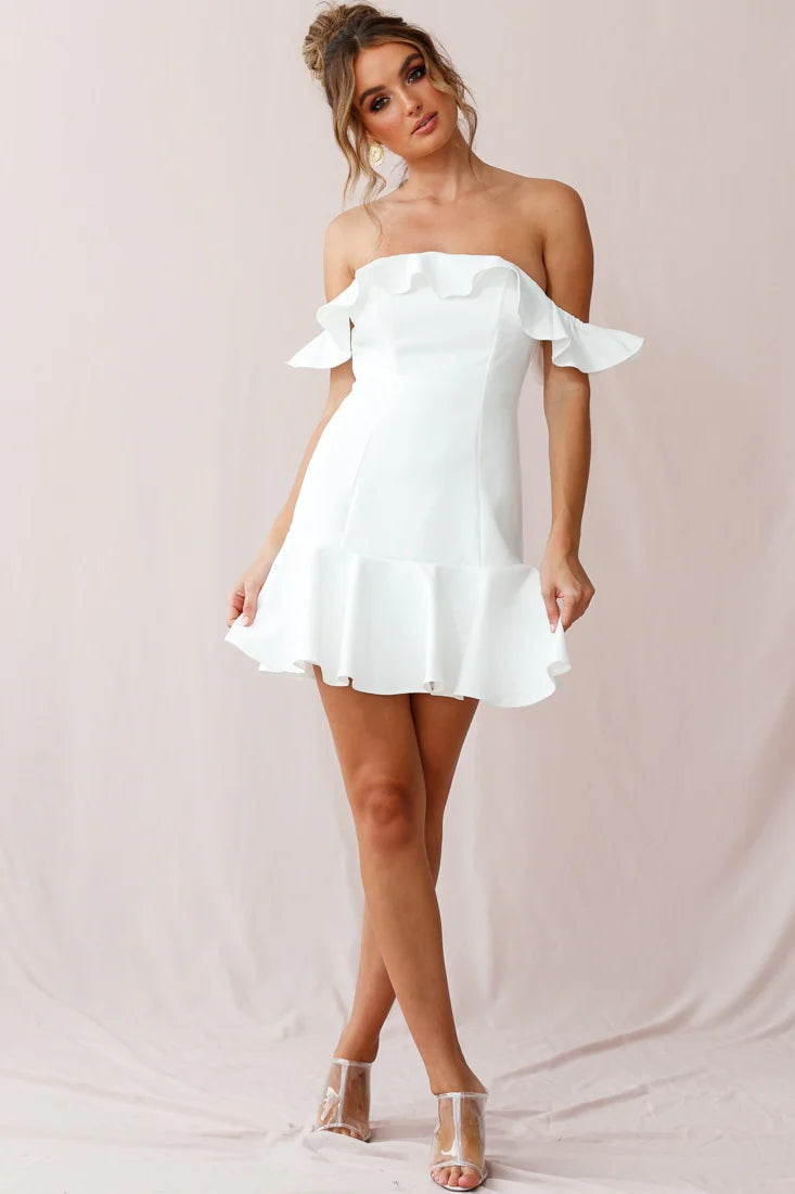 Ondine Bardot Neckline Fluted Hem Dress White