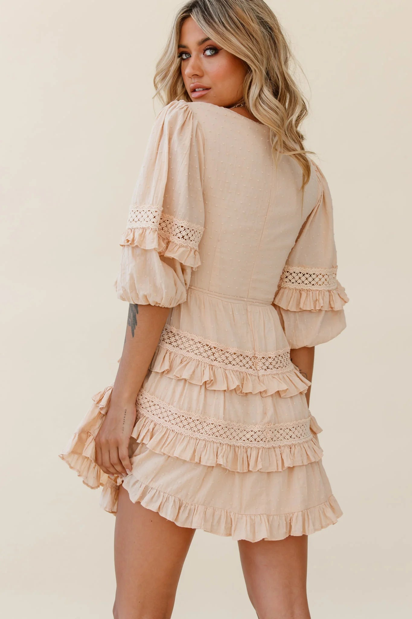 Dream About It Puff Sleeve Frill Dress Nude