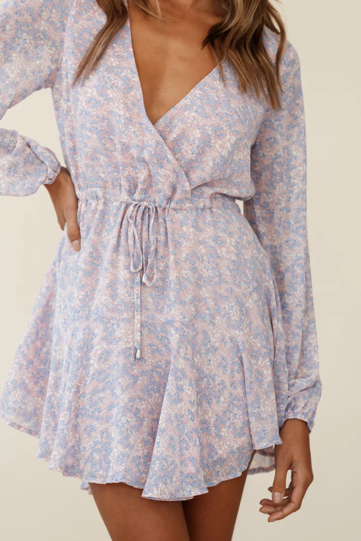 Marlene Long Sleeve Drawstring Waist Dress Floral Print Pink