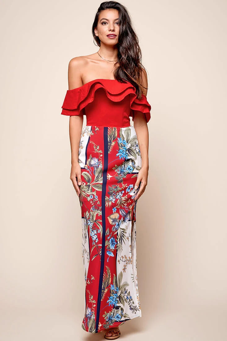 Paradise Side Split Maxi Skirt Red