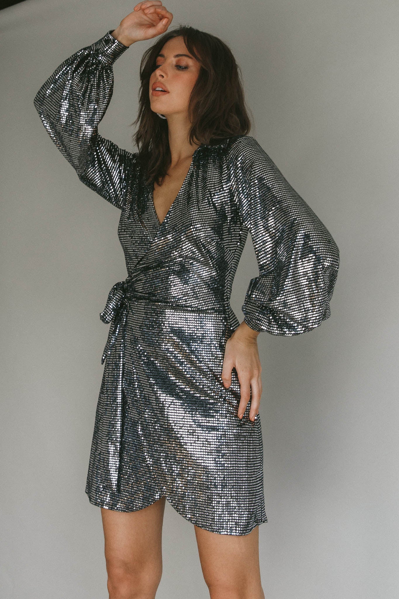 Ruma Faux Wrap Shirt Dress Sequin Metal