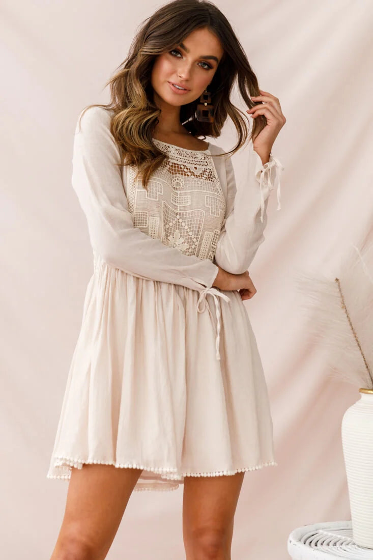 Cassie Embroidered Bust Swing Dress Beige