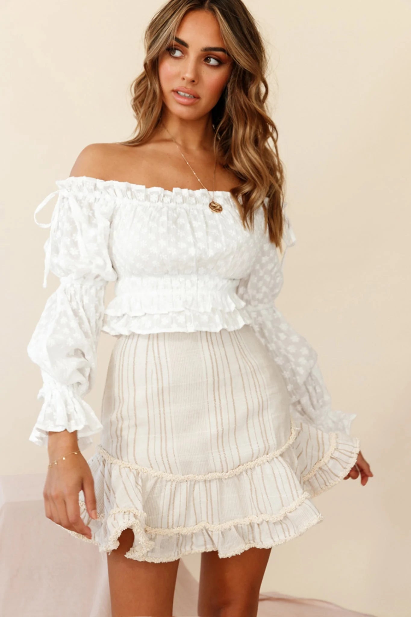 Eve Ruffle Hem Linen Blend Skirt Mocha/White Stripe