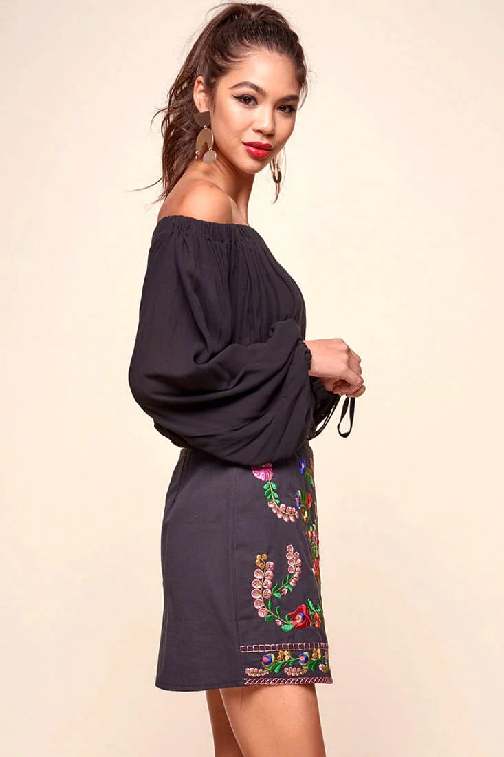 Nina San Lucas Floral Embroidered Mini Skirt Black