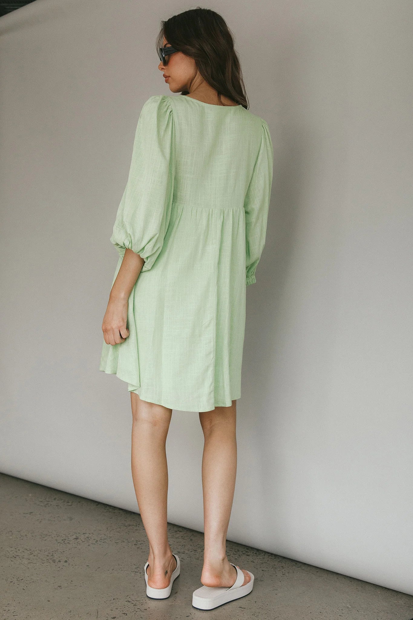 New Haven Puff Sleeve Swing Dress Lime