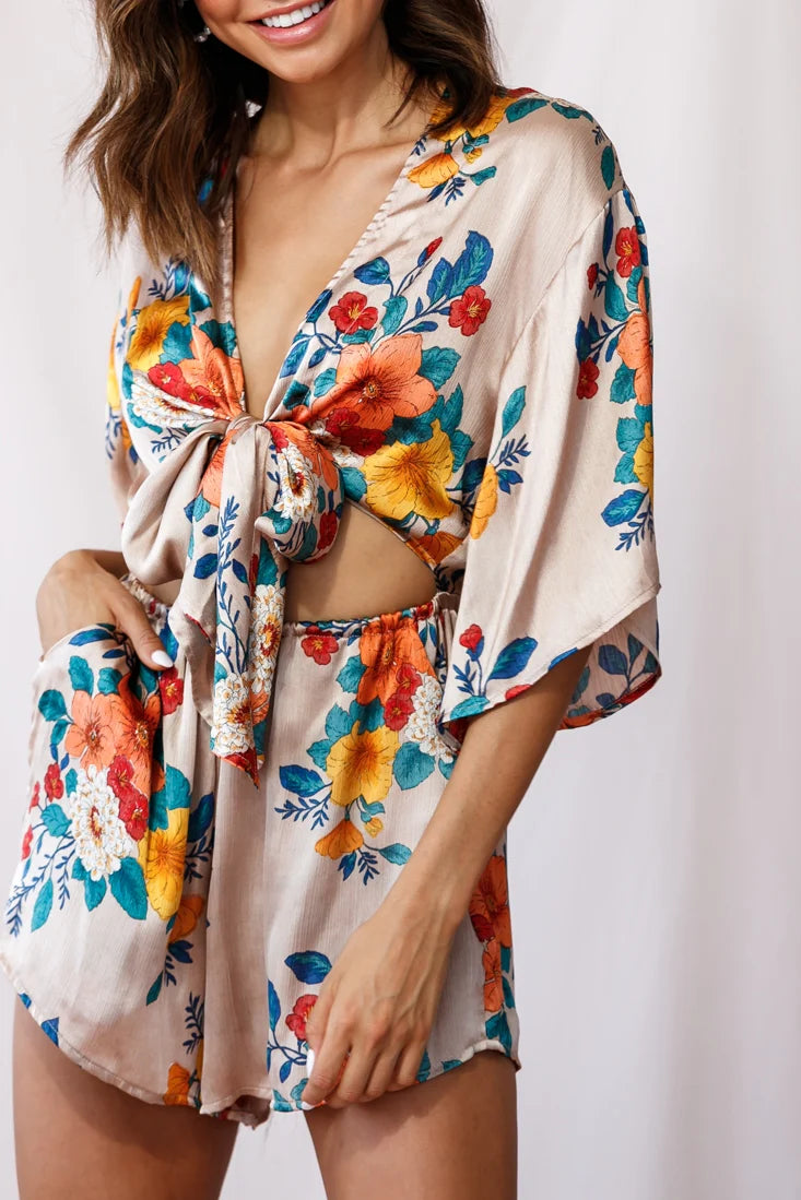 Rivera Tie-Knot Bell Sleeve Romper Mocha