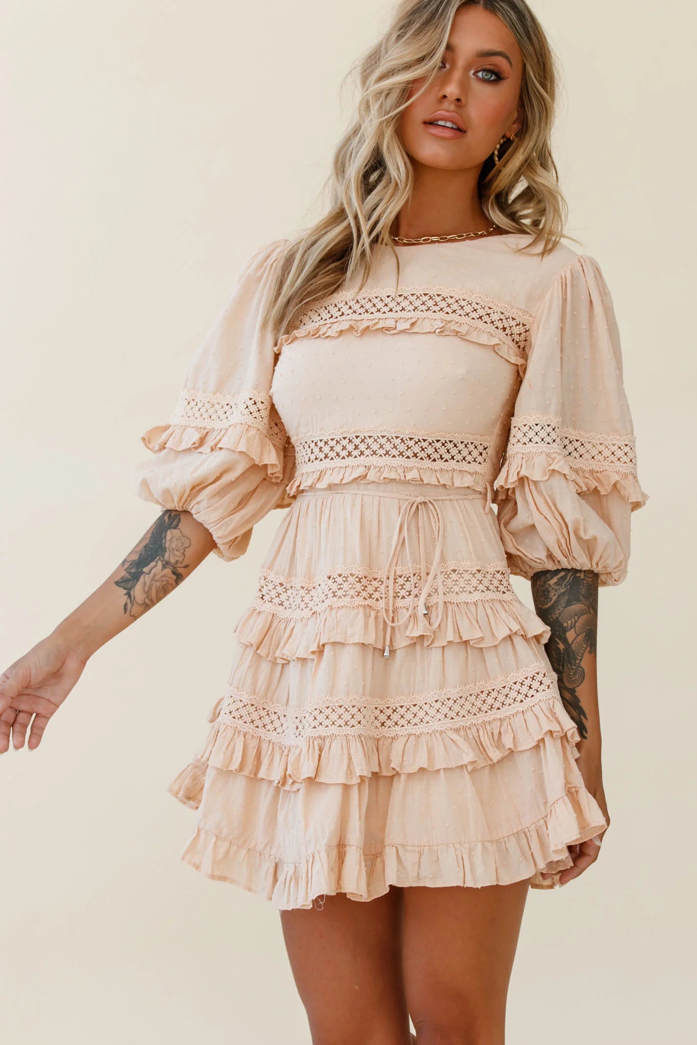 Dream About It Puff Sleeve Frill Dress Nude