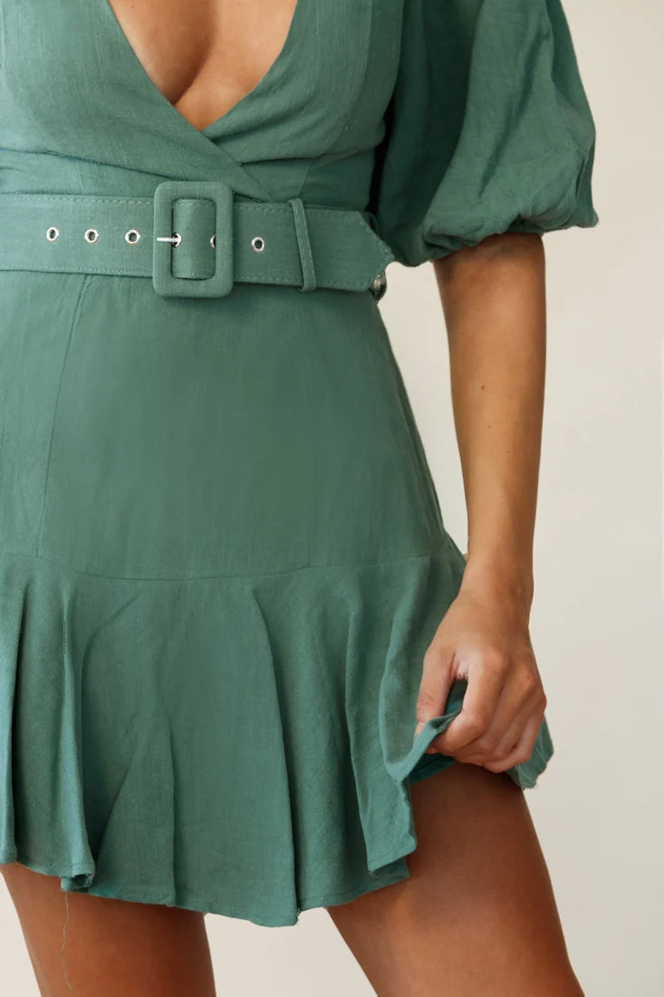 Jardin Half Balloon Sleeve Belted Dress Sage