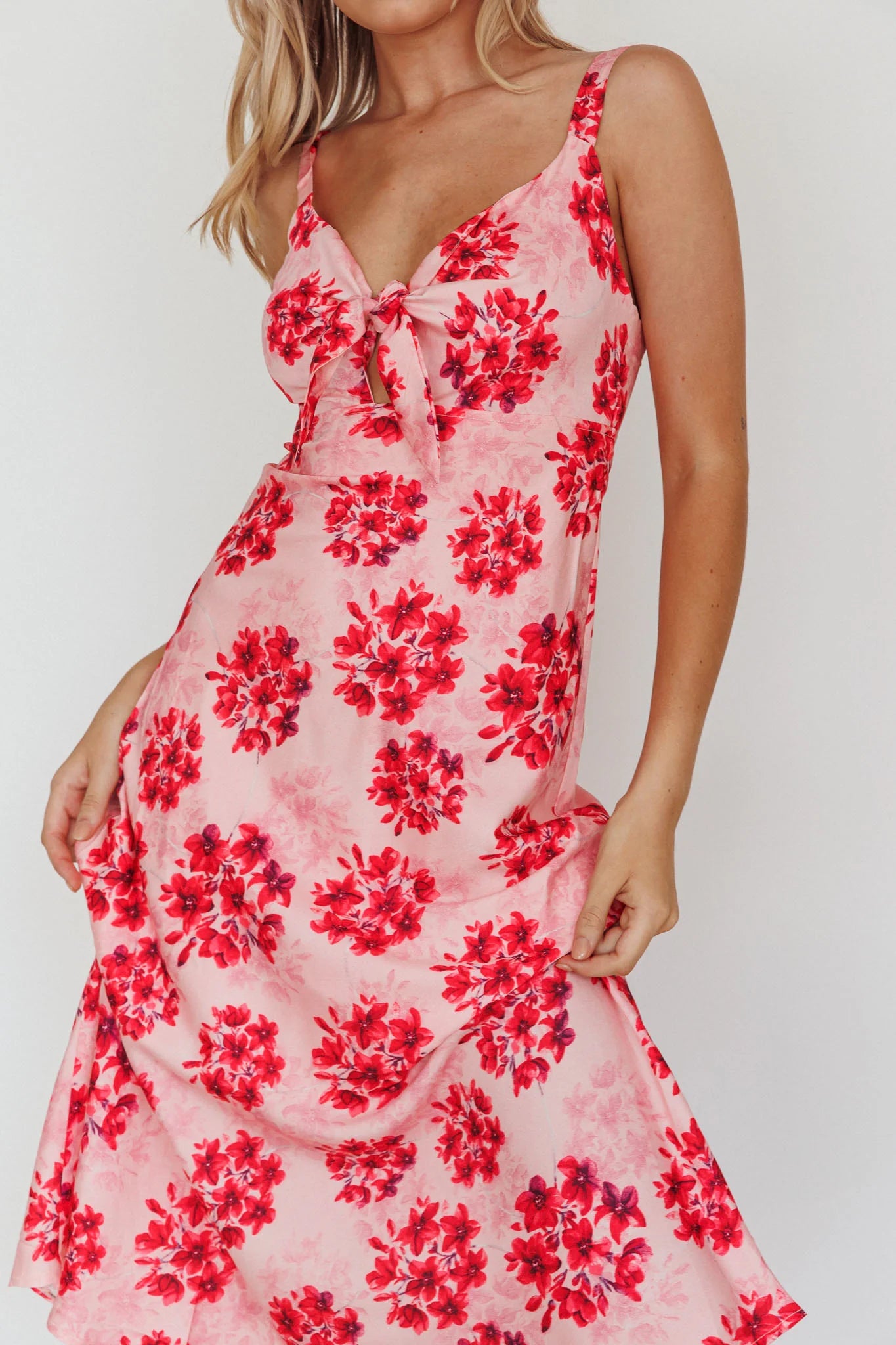 Starry Night Bust-Tie Midi Dress Floral Pink