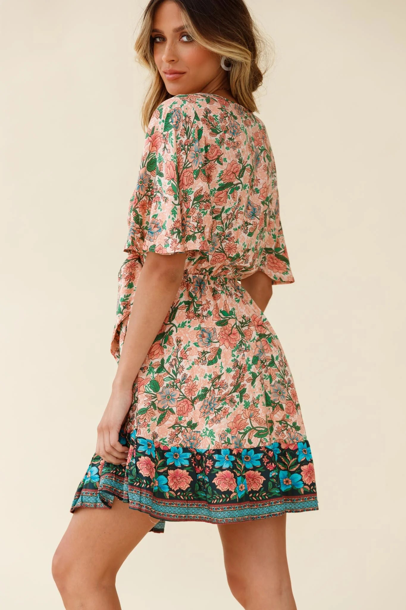 Suva Tie-Knot Bust A-Line Dress Botanic Print Nude