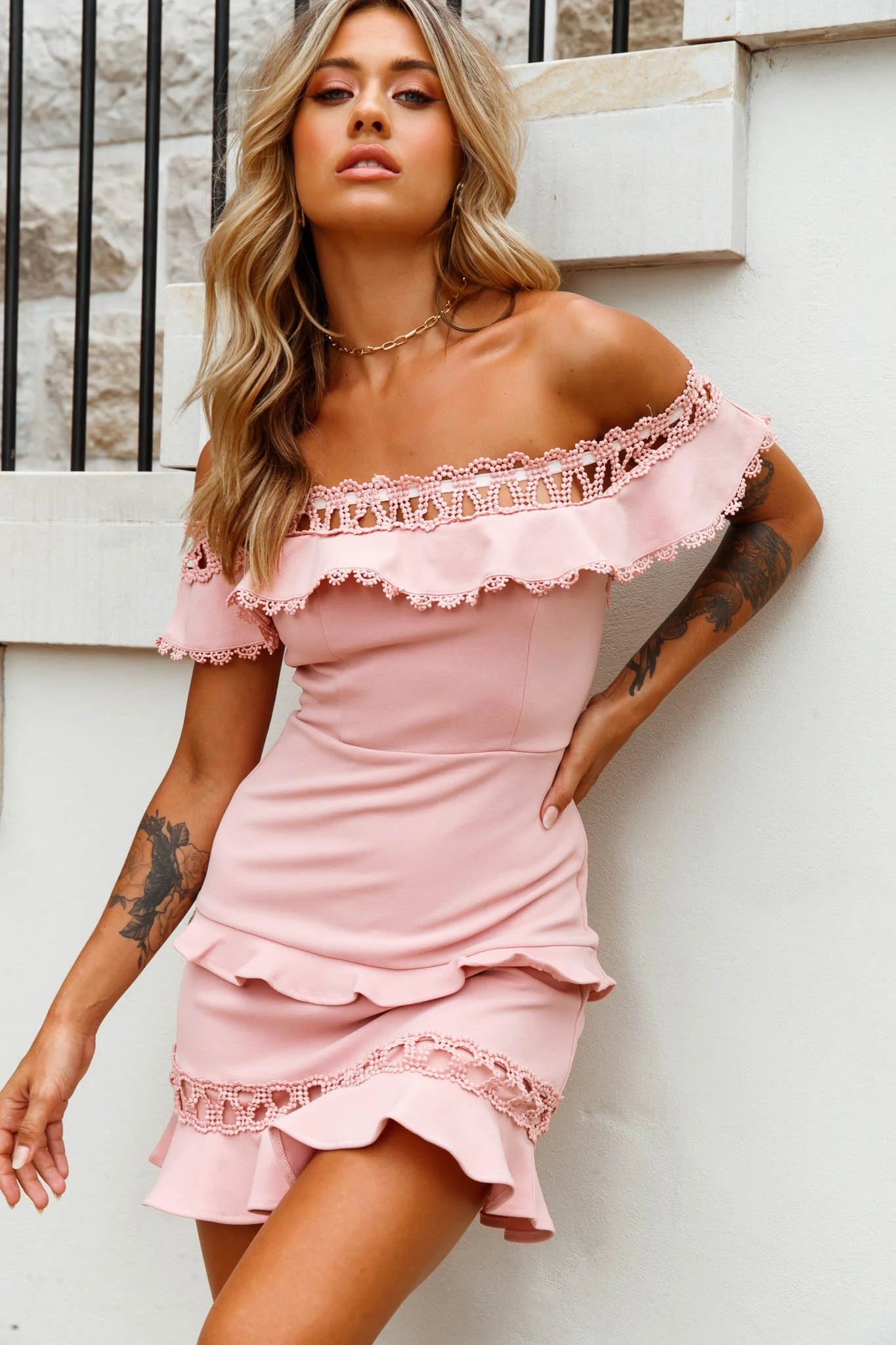 Maddie Off-Shoulder Lace Embroidery Dress Blush
