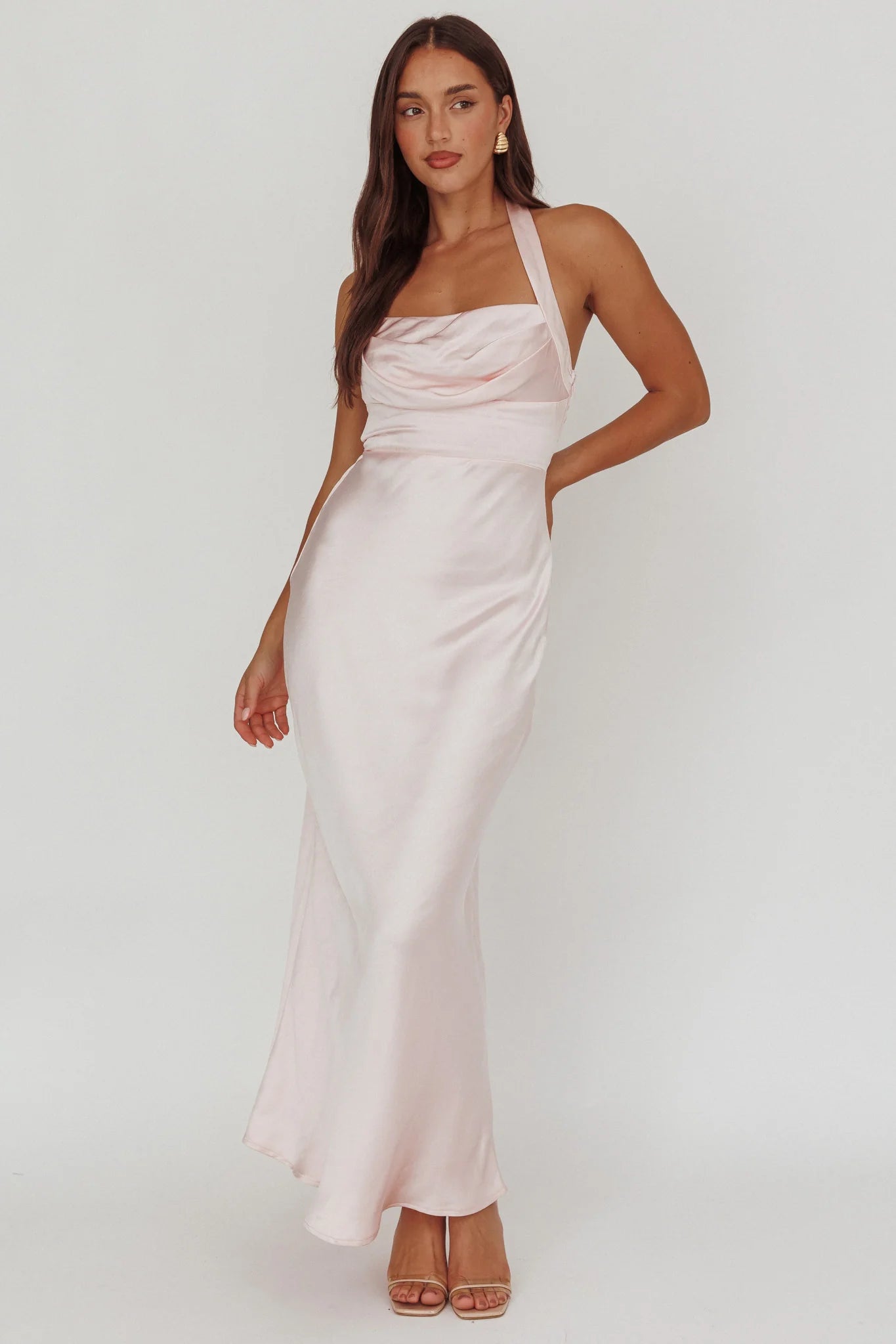 Fair Play Gathered Bust Halter Maxi Dress Pink