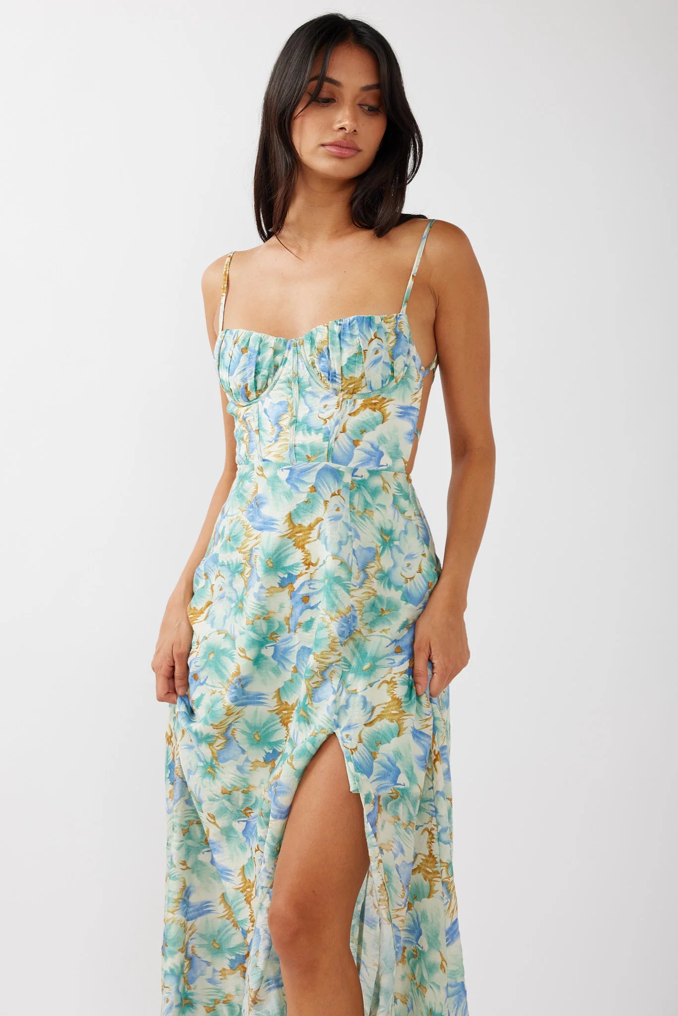 Echoes Tied Back A-Line Midi Dress Floral Green