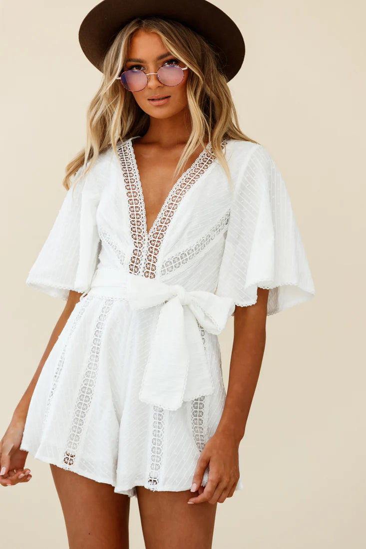 Revival Bell Sleeve Crochet Insert Romper White
