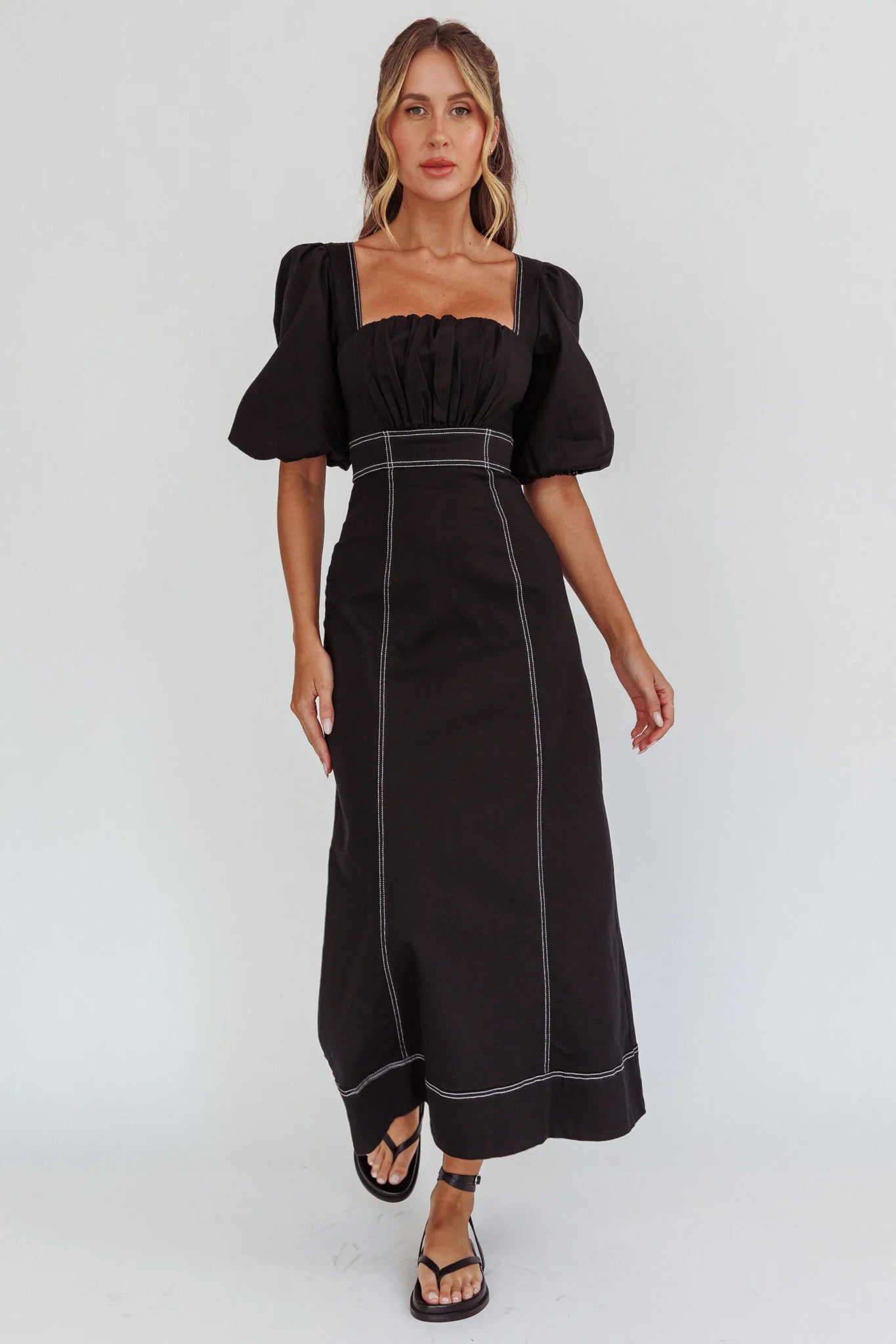 Sibille Puff Sleeve Contrast Stitch Dress Black