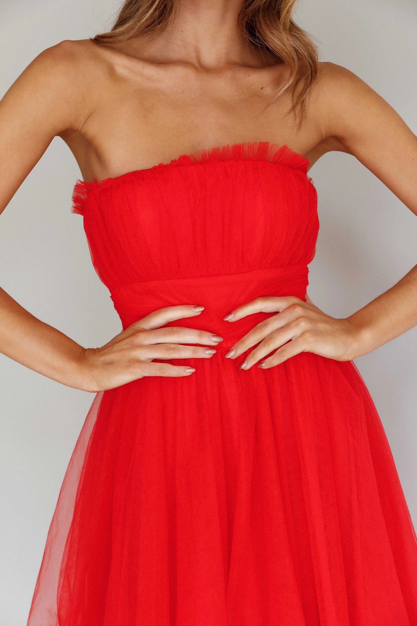 fayette strapless mesh midi dress Fayette Strapless Mesh Midi Dress Red  Langwyqu