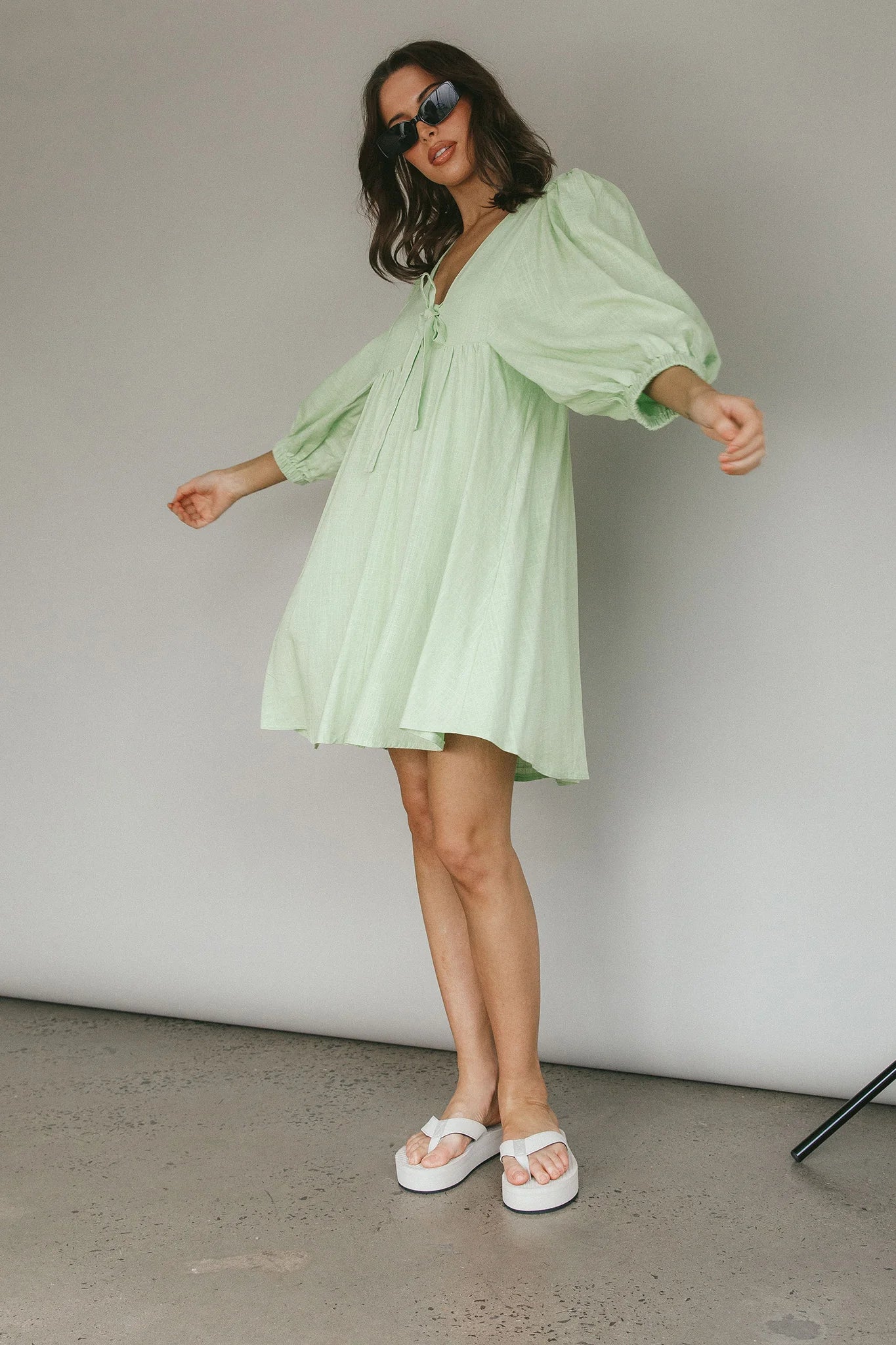 New Haven Puff Sleeve Swing Dress Lime