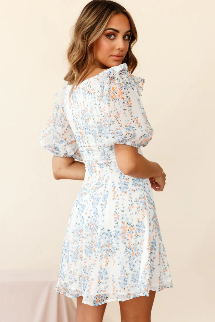 Cherub Puff Sleeve Sweetheart Neckline Dress Floral Print White