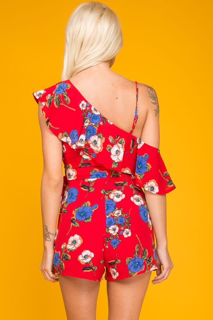 Daleyza Ruffled Floral Romper Red & Blue