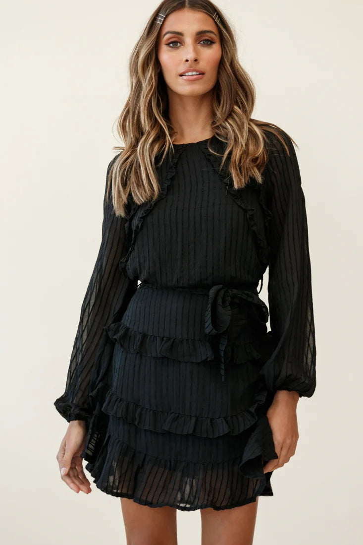 Dusk Long Sleeve Waist Tie Frill Dress Sheer Stripe Black
