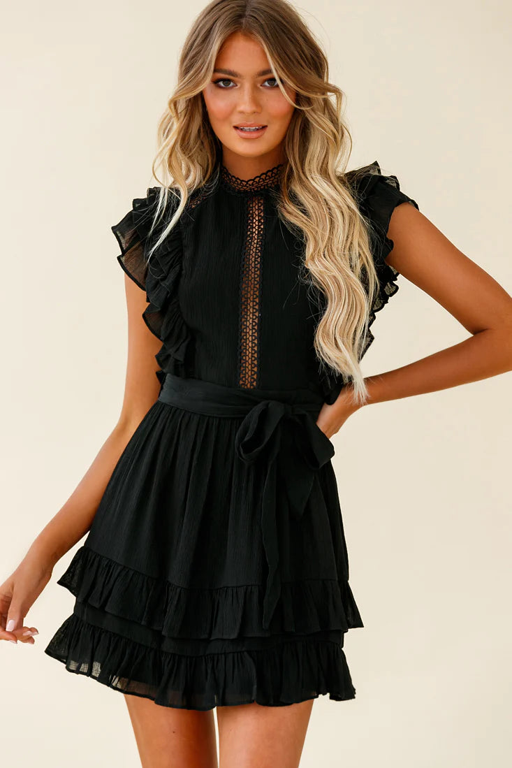 Oakland High Neck Ruffle Detail Dress Black