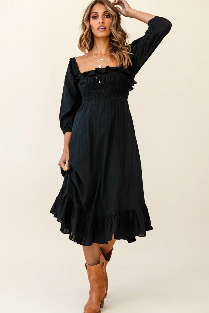 Flynn Off-Shoulder Shirred Bust Midi Dress Black